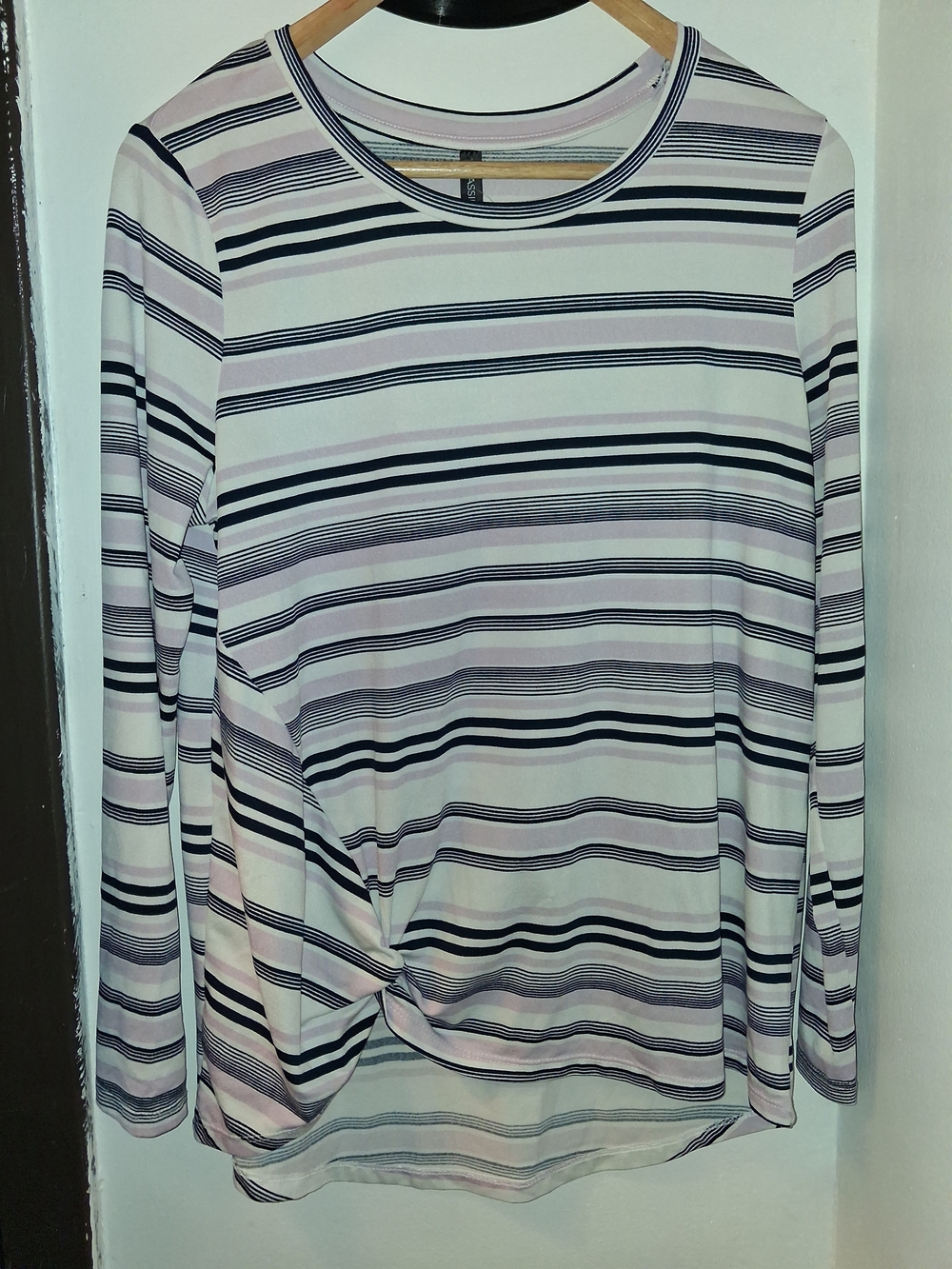 Massini Pink and Black Striped Long-Sleeve Twist Hem Top